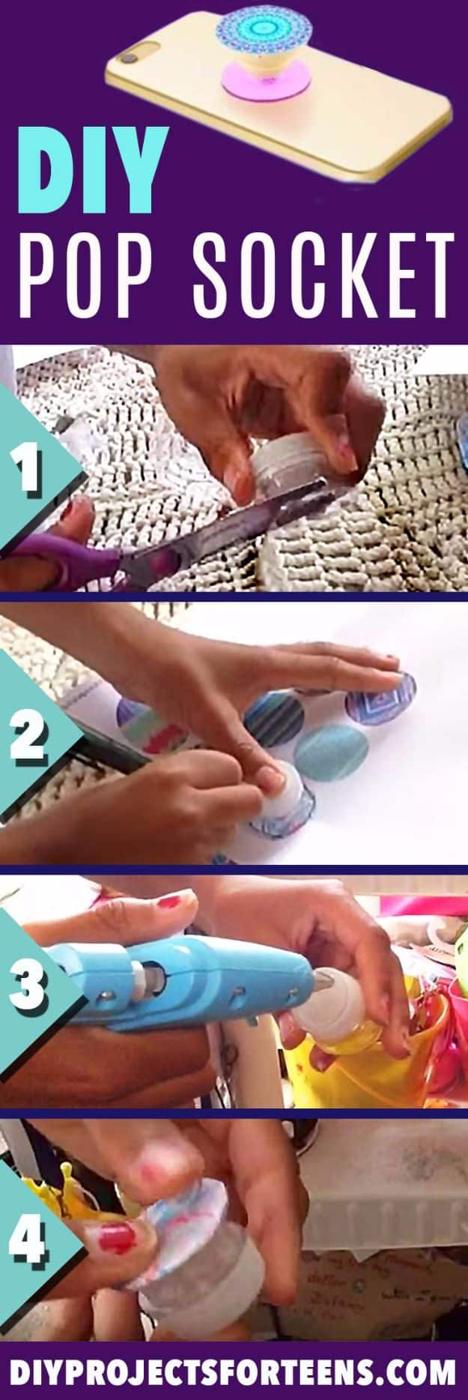 Four step graphic titled DIY Pop Socket showing hot glue on a plastic bottle cap and the grip on a phone