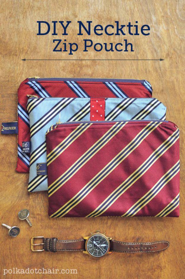 A small zip pouch sewn from an upcycled patterned silk necktie, a handmade Valentine gift idea for him