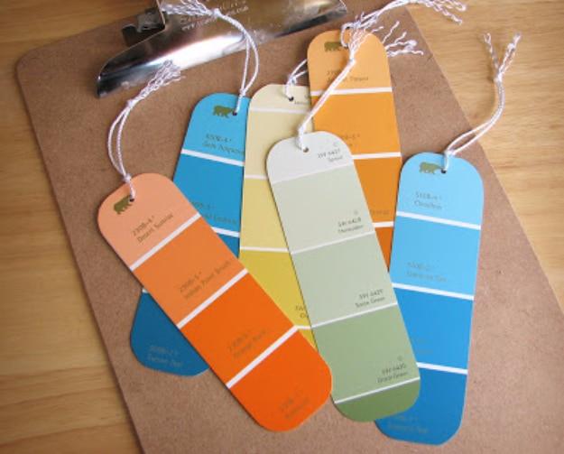 Paint Chip Bookmarks, budget friendly using stuff already sitting in a bin and something worth showing off once it is done