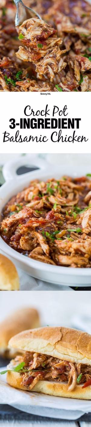 Shredded balsamic chicken from the crock pot served on a bun, an easy 3 ingredient slow cooker chicken meal