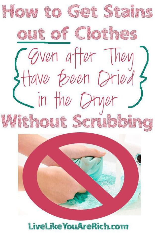 Clothing repair hack for stains, a no symbol over hands scrubbing a teal garment in a sink of soapy water