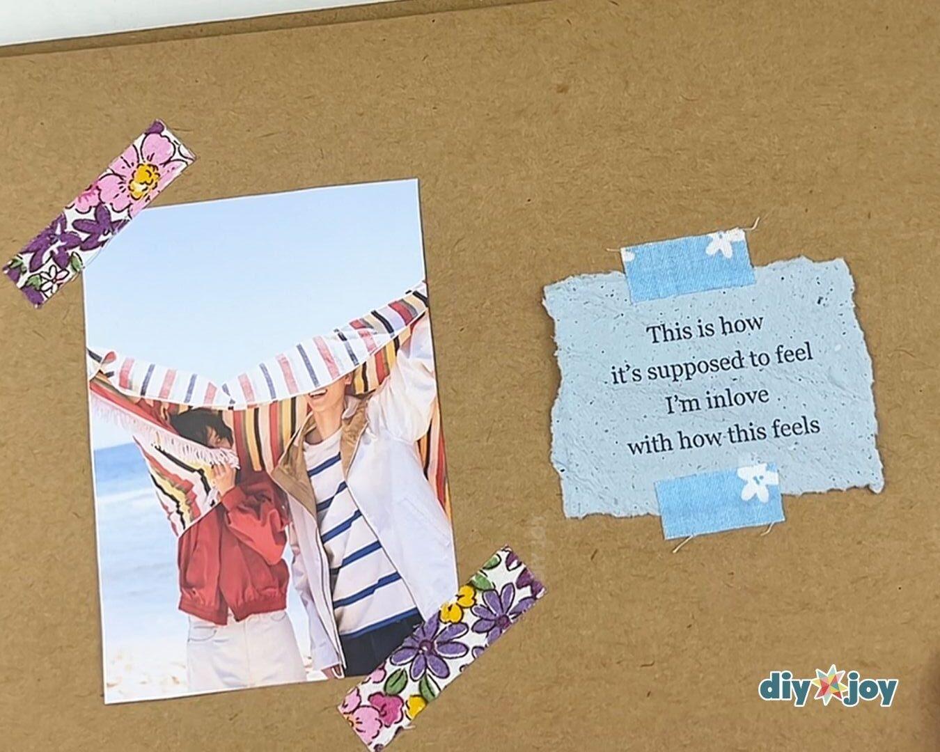 Easy Scrapbooking - kraft page with a beach photo taped in purple floral fabric tape and a torn card taped with blue tape