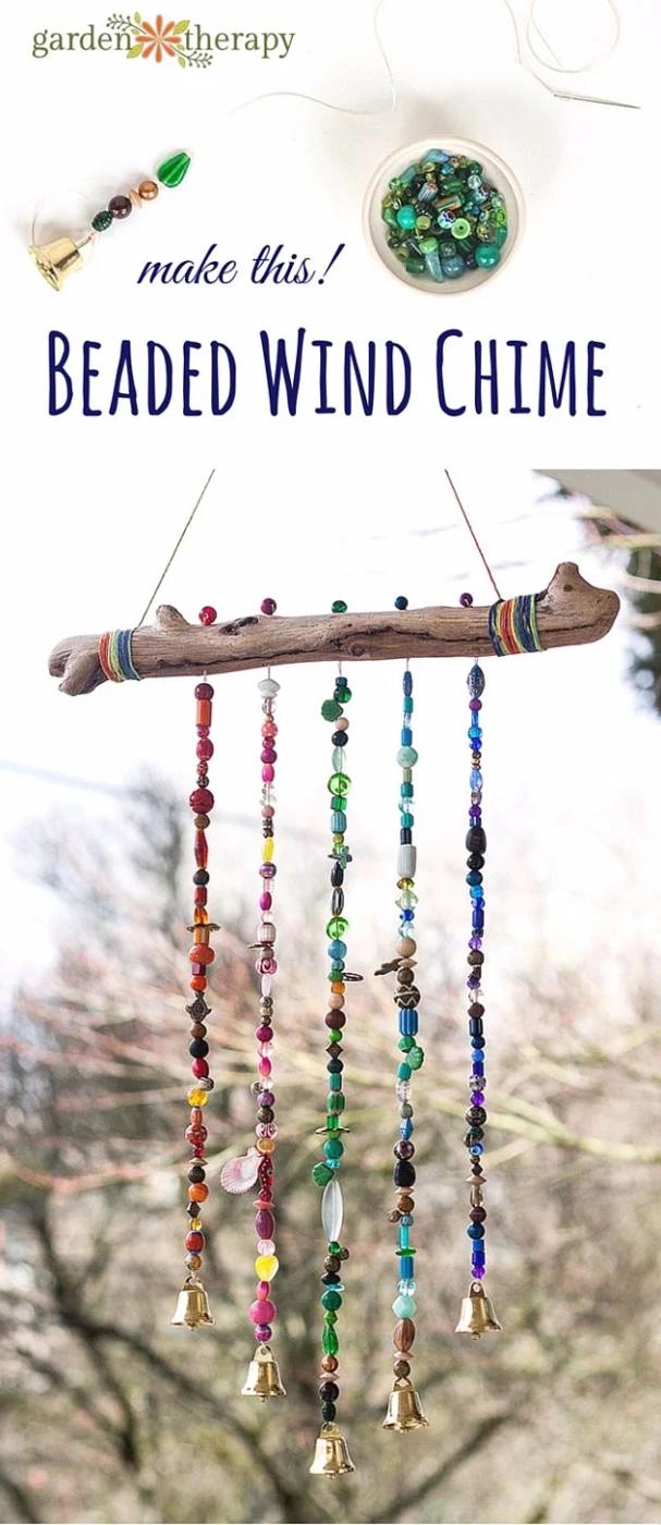 DIY bead wind chime strung from beads and wire, a soothing garden project that pairs creativity with sound