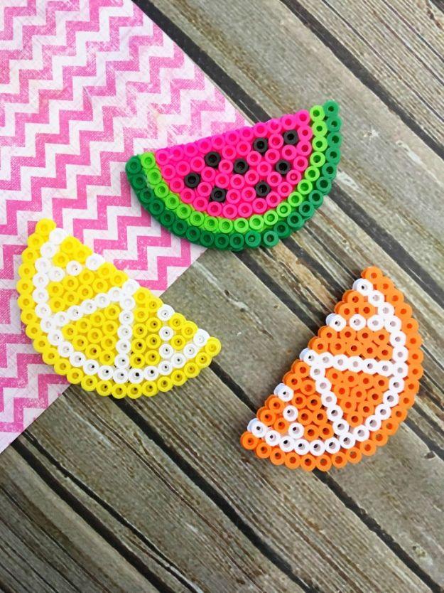 Fruit shaped magnet fused from perler beads for a colorful fridge accent for a budget friendly upgrade