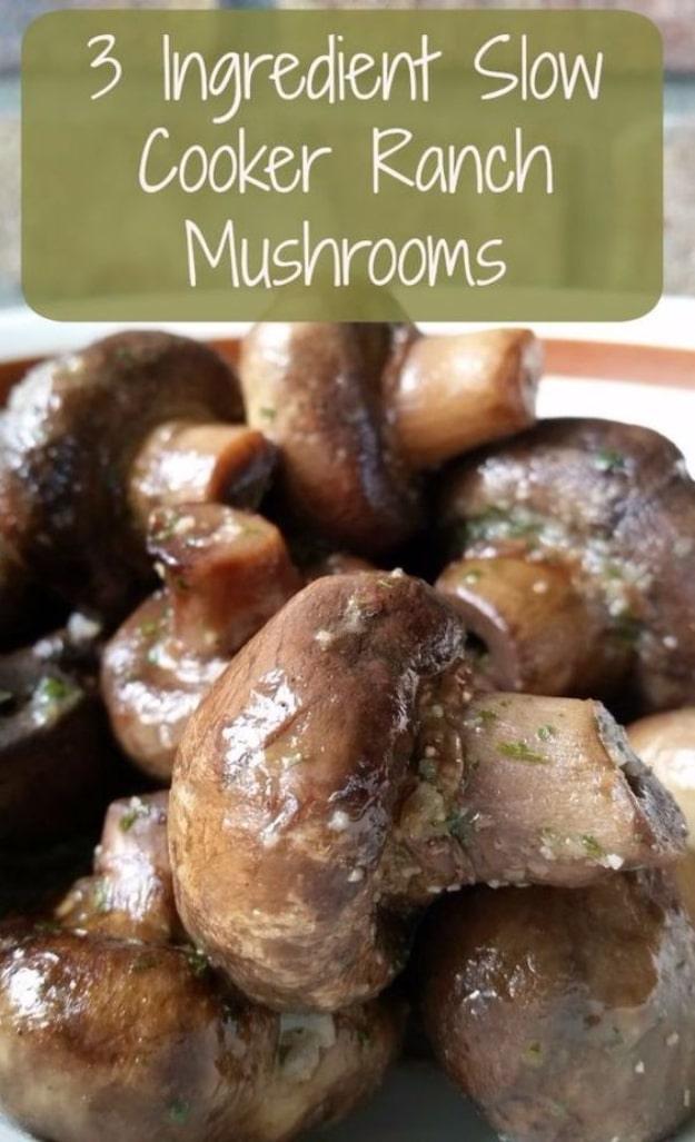 Whole button mushrooms in ranch butter from the slow cooker, a simple 3 ingredient side dish party recipe