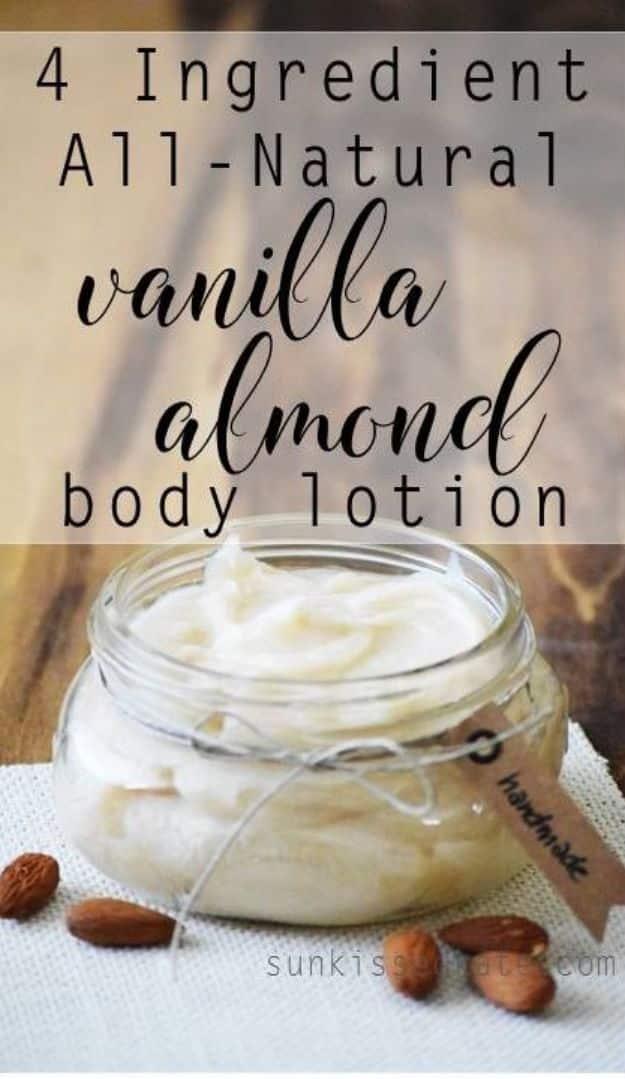 4-Ingredient Vanilla Almond Body Lotion, a natural skincare formula, quick to mix with nothing more than a bowl and a spoon