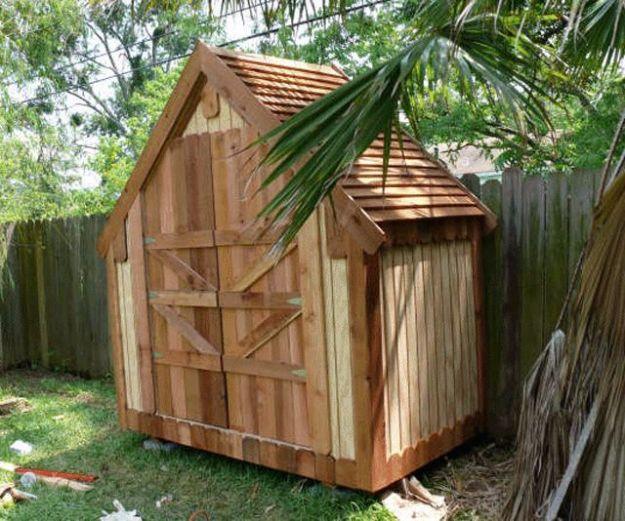 Narrow backyard shed, a cedar shed with a steep shingled roof and braced double doors tucked against a palm and fence