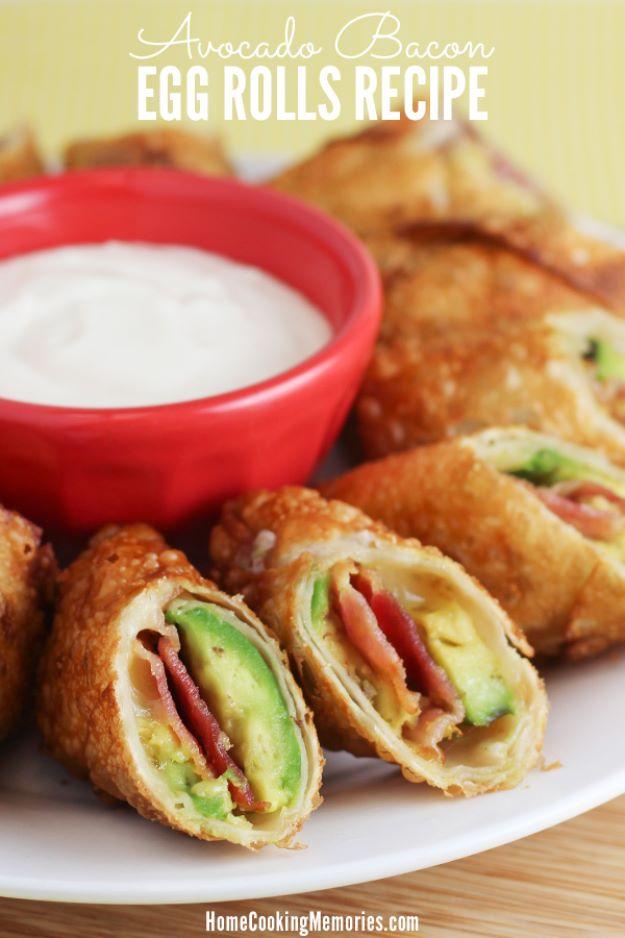 Pin graphic, cream banner above a plate of fried avocado bacon egg rolls and a red bowl of white dipping sauce