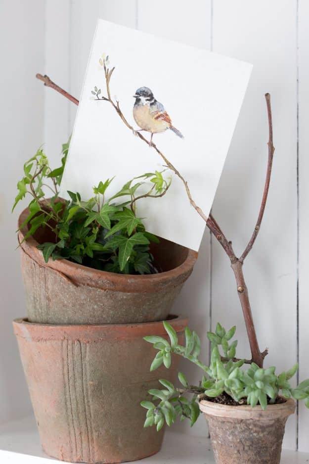 Spring bird watercolor printable propped against a real branch in a terracotta pot with trailing plants