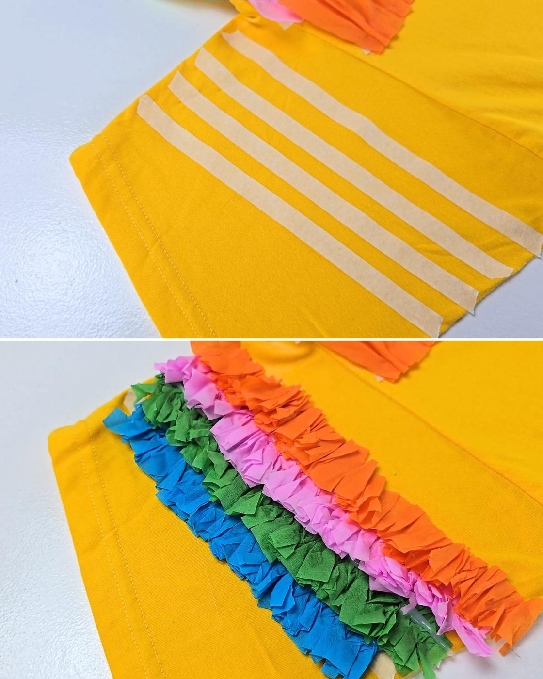 DIY Crepe Paper Crafts - the yellow shirt sleeve marked with masking tape stripes, then finished with rows of colorful fringe