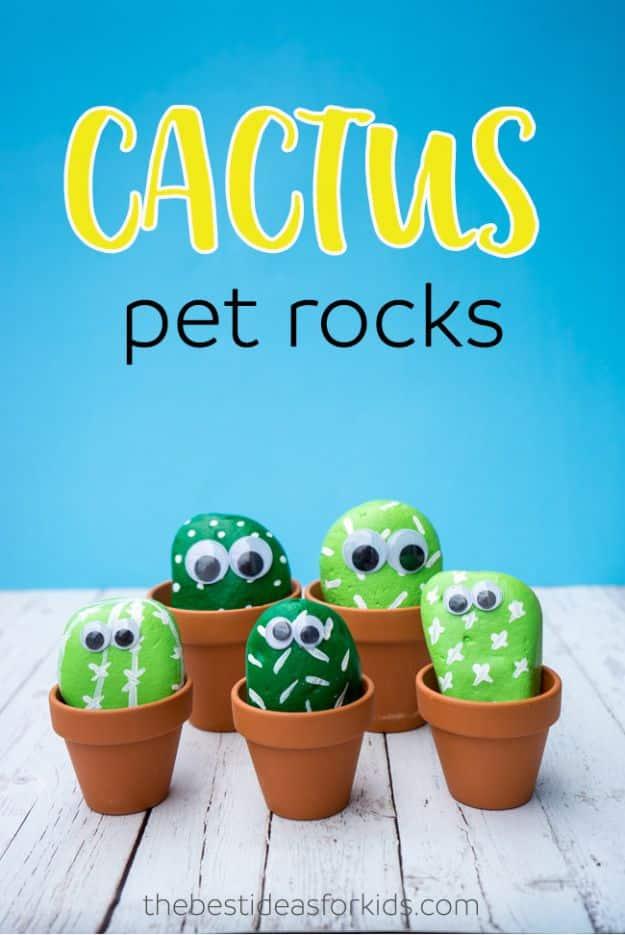 Painted rock shaped like a tiny cactus for a low maintenance pet plant that makes a genuinely thoughtful handmade gift idea