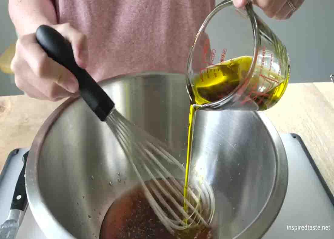 Making the homemade dressing for the pasta salad