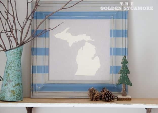 DIY State Map Art And Striped Frame, a simple craft that looks great on a shelf or wall and a favorite pick from this roundup