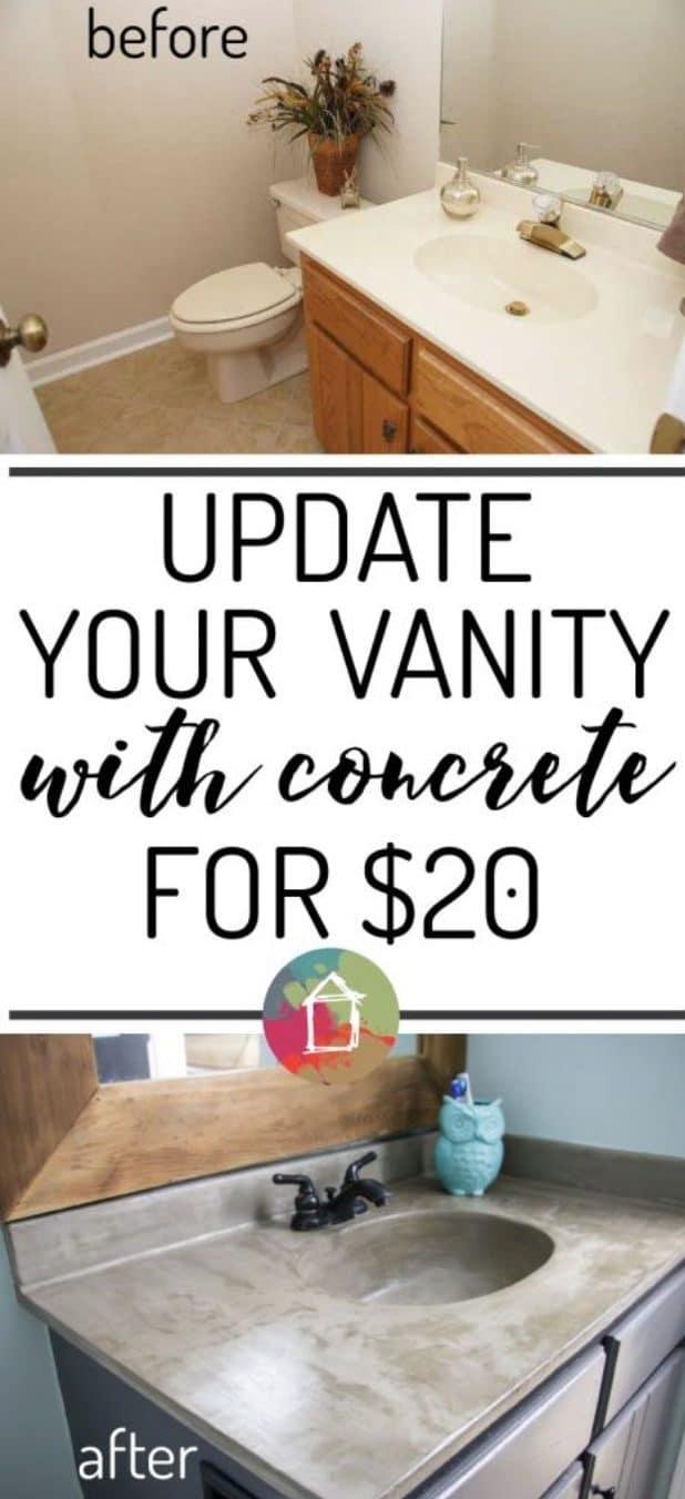 Before and after graphic reading Update Your Vanity With Concrete For $20 showing a dated bathroom vanity skimmed in concrete