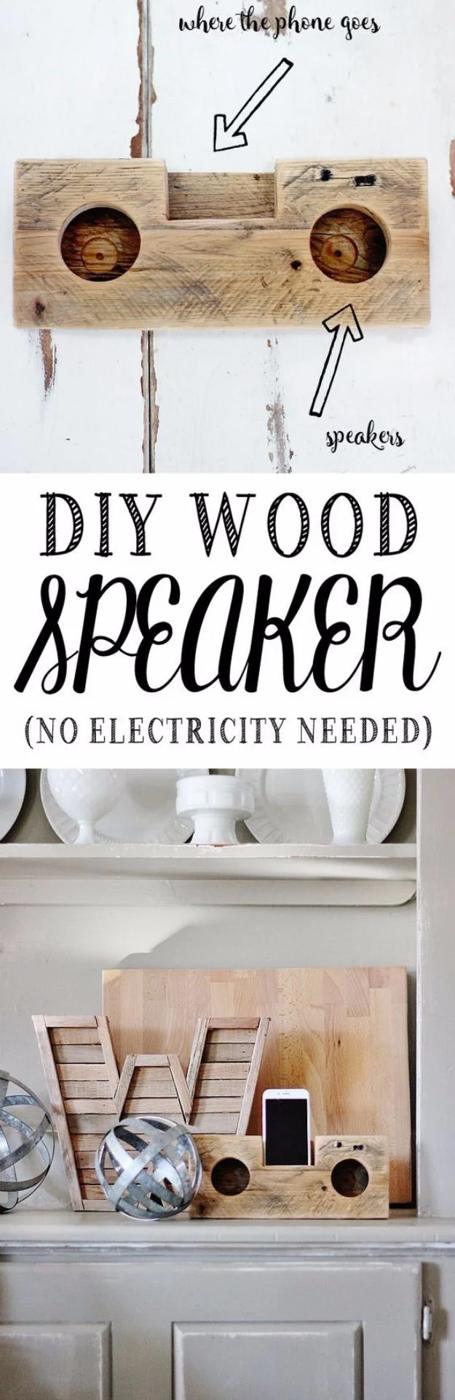 Graphic reading DIY Wood Speaker no electricity needed showing a wooden block with a slot holding a phone