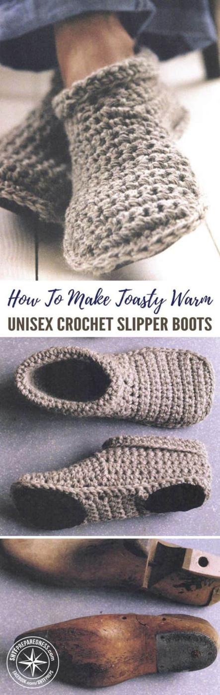 Unisex crochet slipper boots, oatmeal chunky crochet slipper boots shown worn and from the side and sole