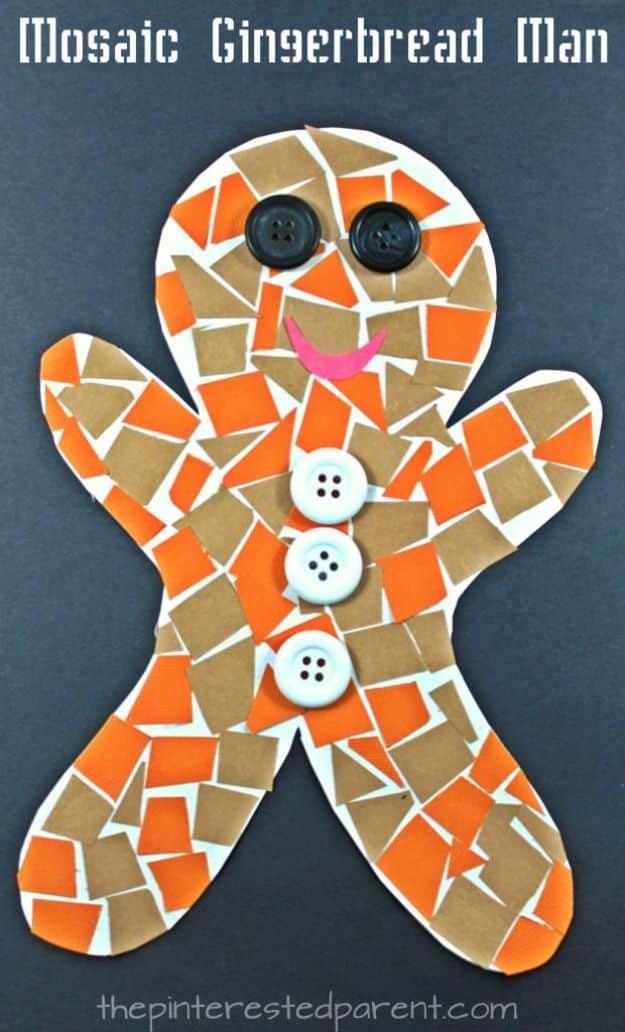 Gingerbread man shape filled with brown and orange paper mosaic pieces, decorated with black and white buttons