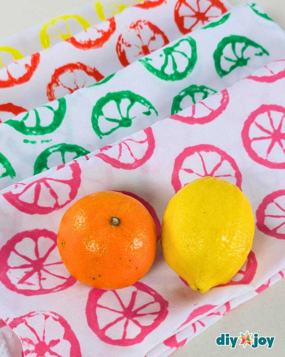 Citrus Print Tea Towels — cute citrus kitchen towels with fabric paint