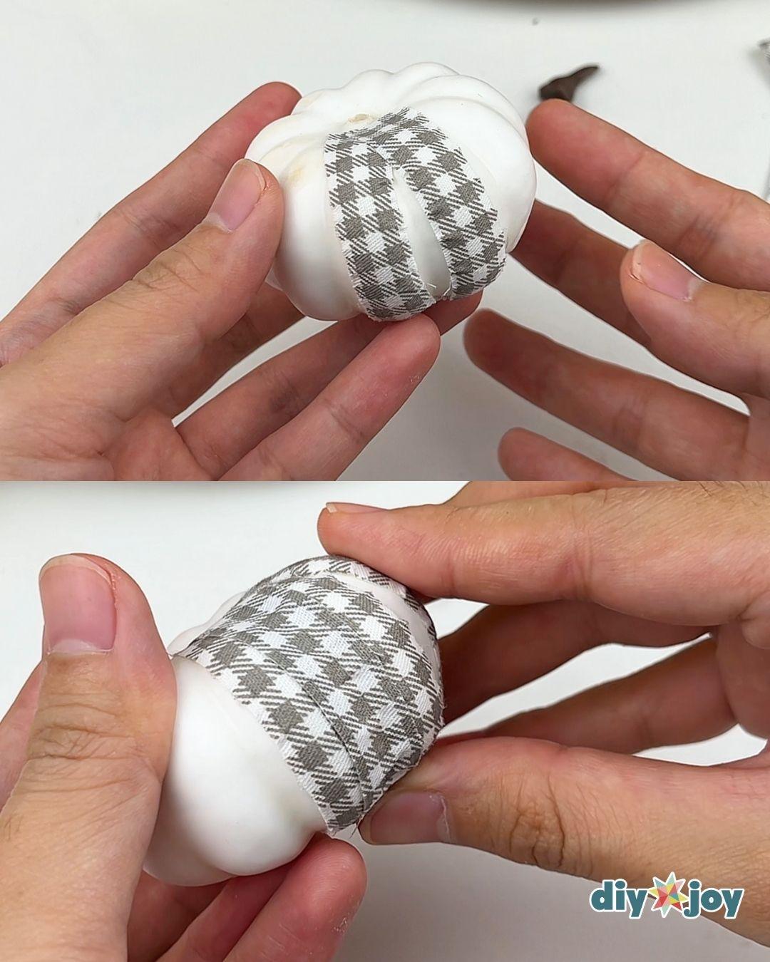 Cheap DIY Decor - two panels showing hands wrapping gray gingham fabric tape around a pumpkin, then adding a second strip