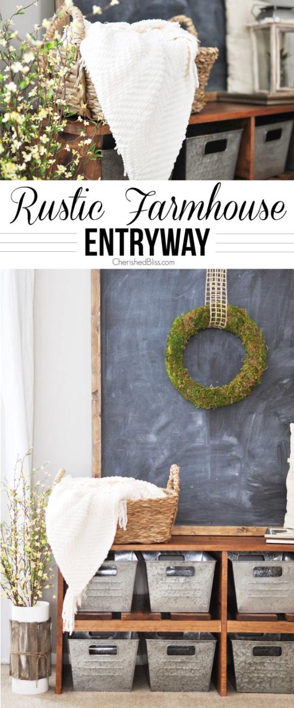 Rustic Farmhouse Entryway, flexible enough to fit whatever materials are on hand and a piece worth keeping out on display