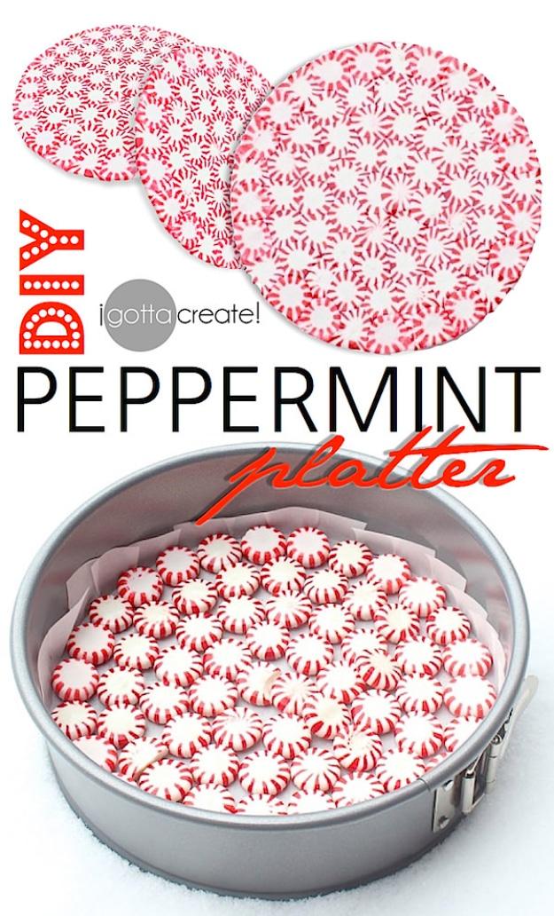 DIY peppermint platter, red and white starlight mints packed edge to edge in a parchment lined round springform pan