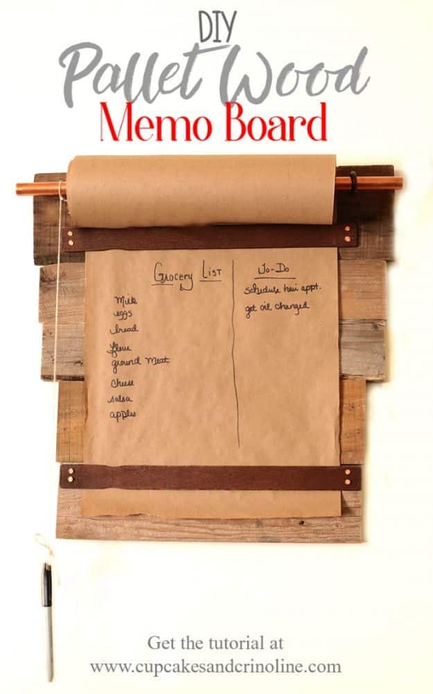 A memo board of weathered pallet boards hangs by a back door, notes clipped to twine strung across its front