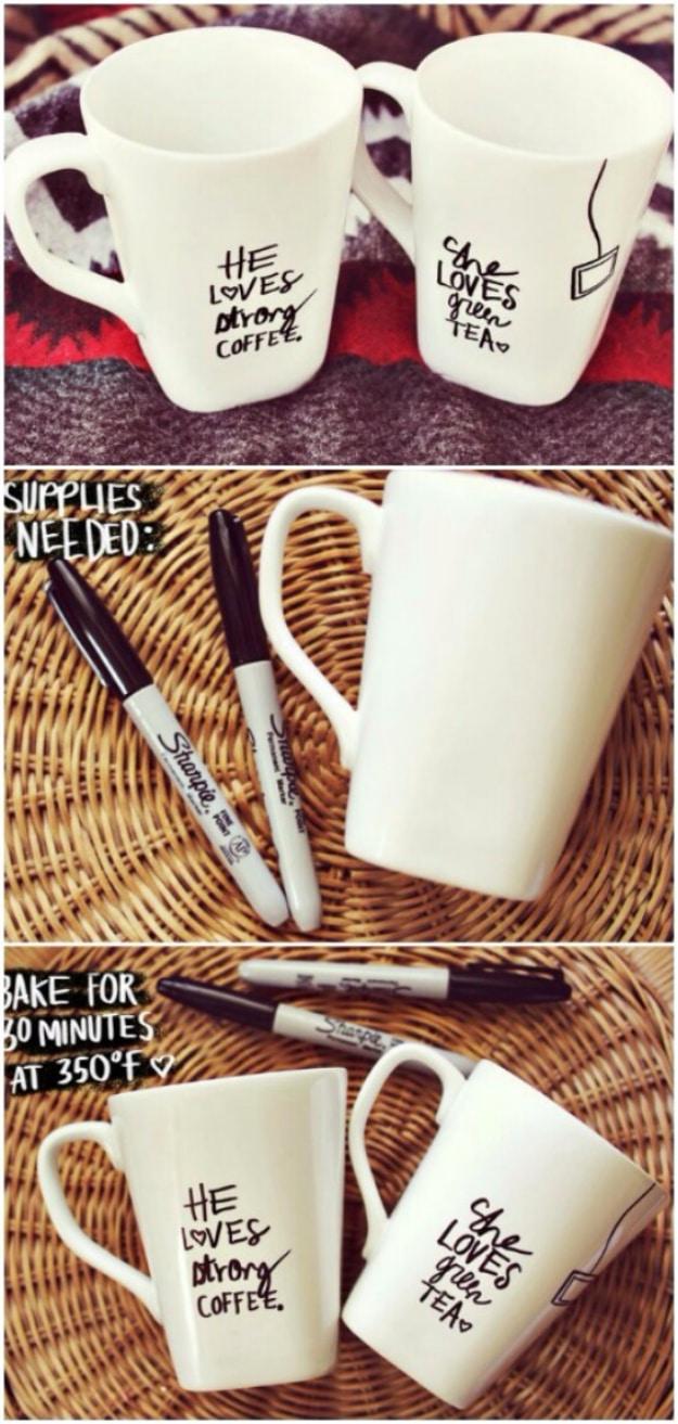 Sharpie mug DIY collage, two white mugs hand lettered in black about coffee and tea above the baking instructions
