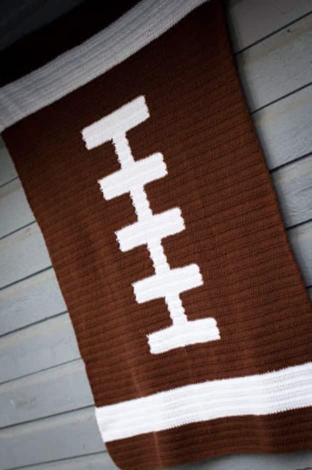 Football Blanket Crochet, easy enough for a first attempt at a handmade gift and a pick that outshines anything off a shelf
