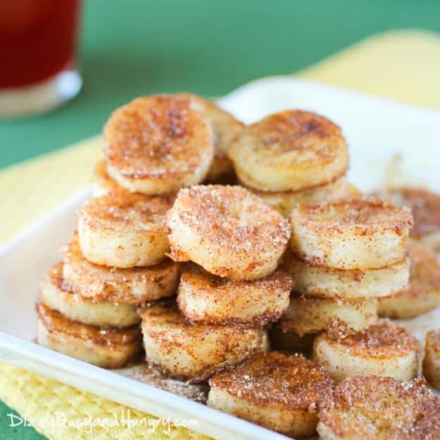Pan fried cinnamon bananas caramelized in a skillet and served warm, a quick recipe for overripe bananas