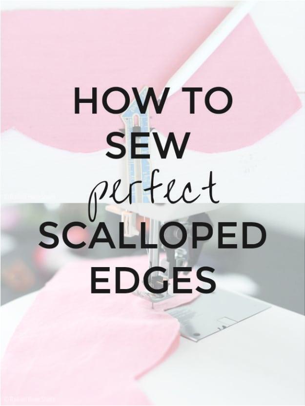 Pin graphic reading How to Sew Perfect Scalloped Edges over pink fabric cut into a scalloped curved edge