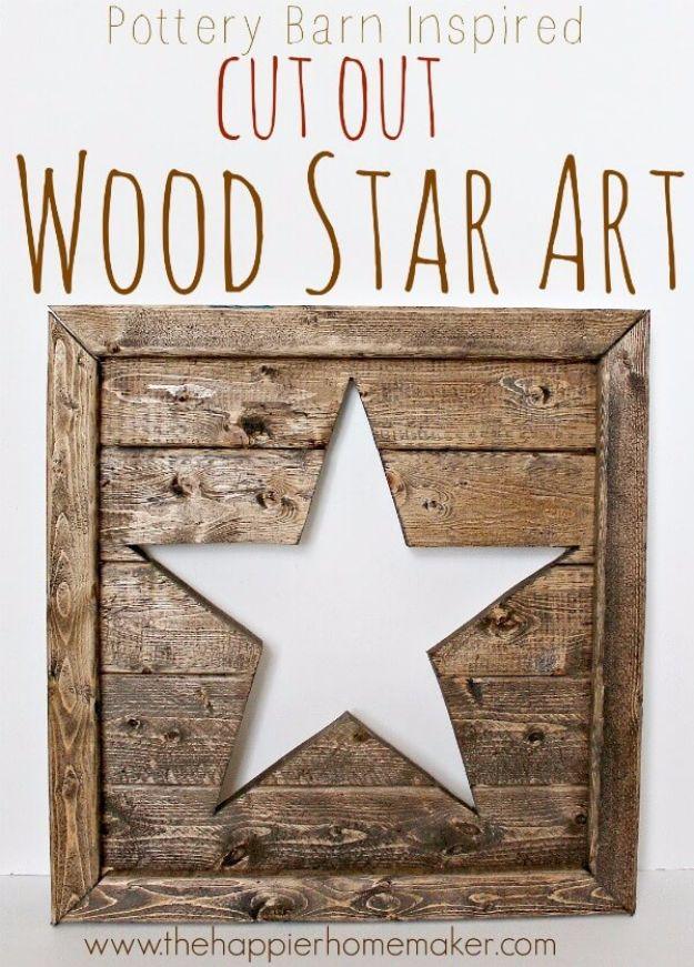 Pottery Barn Inspired Cut Out Wood Star Art, one of the best rustic wall art ideas on this list and a simple weekend project