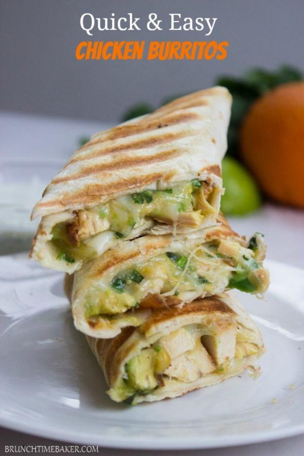 Pin graphic with a Quick and Easy Chicken Burritos text block above three griddled chicken avocado wraps cut open