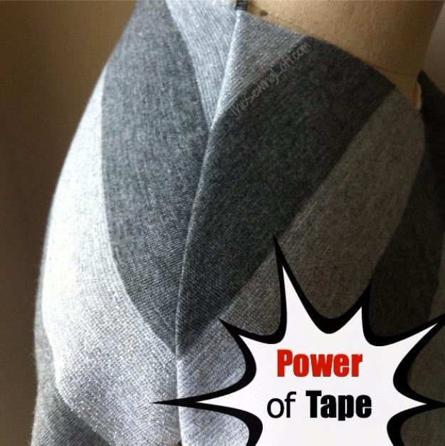 Gray striped knit garment on a dress form with matched shoulder seams beside a Power of Tape graphic