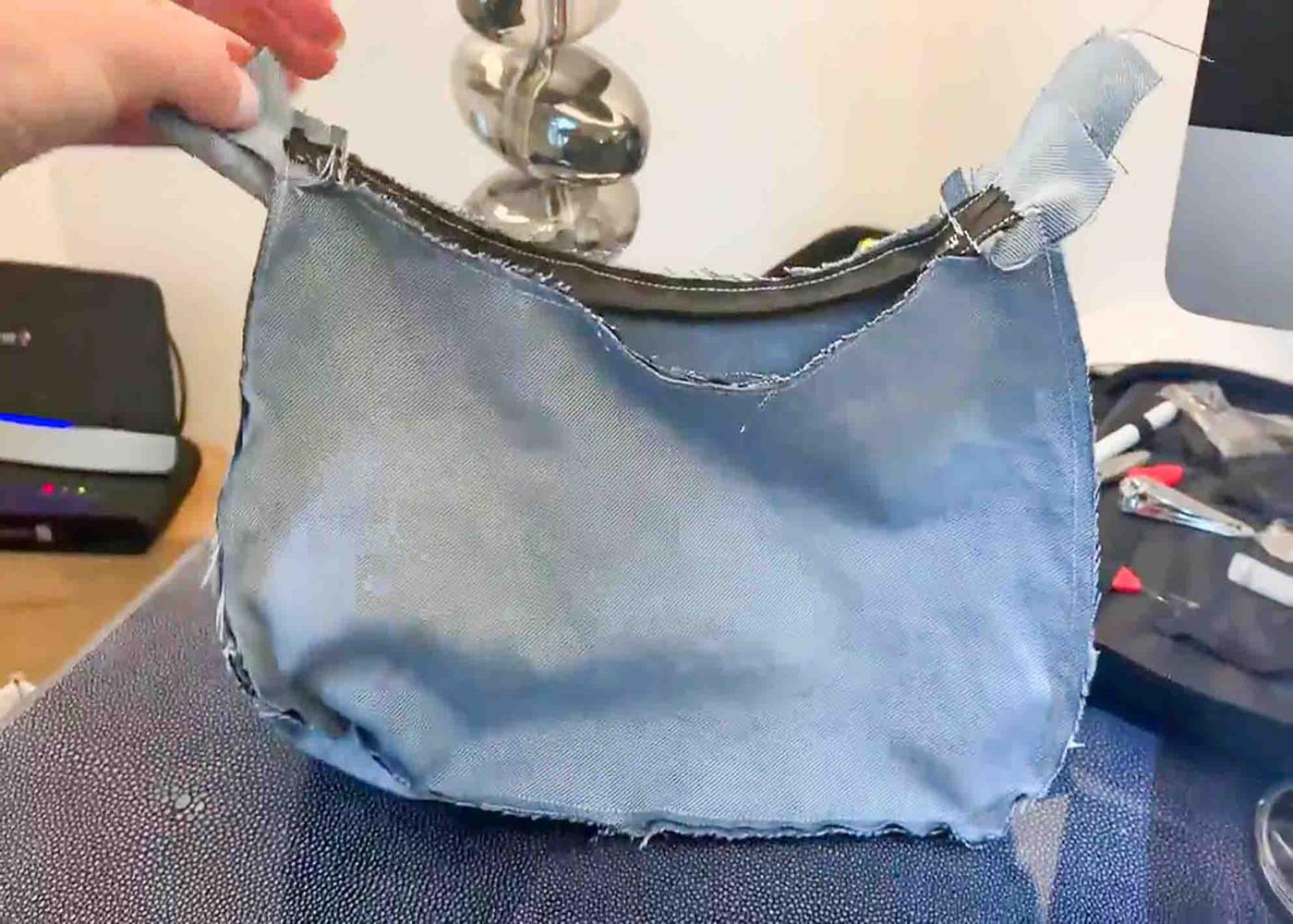 Putting the finishing touches on the baguette bag