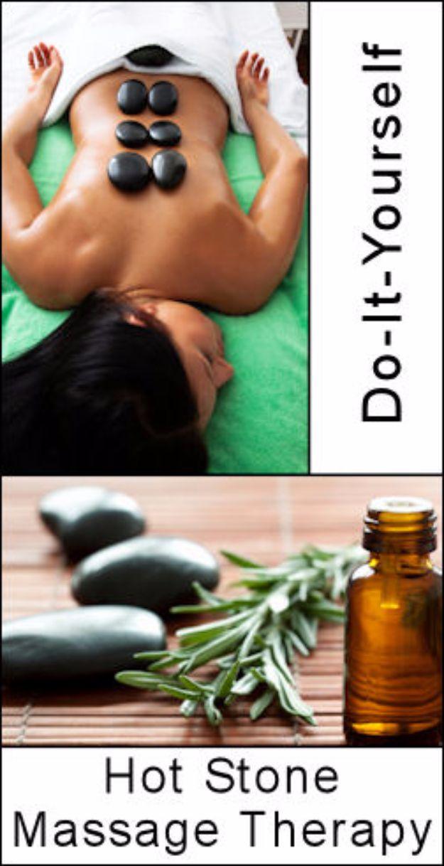 DIY hot stone massage therapy graphic, a woman face down with dark stones on her back above a photo of stones and oil