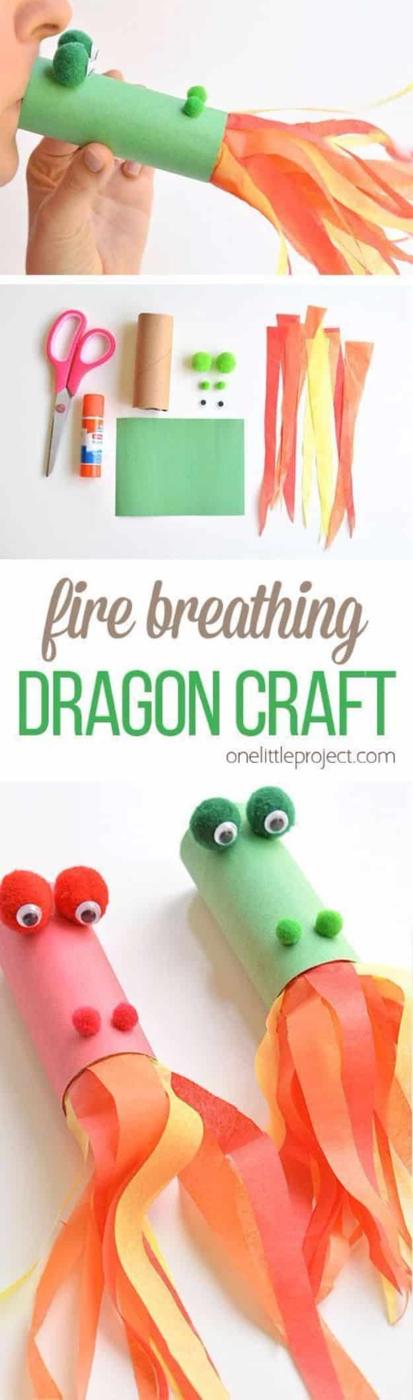 Two paper roll dragons in green and pink with pom pom eyes and orange tissue paper flames, shown with the supplies