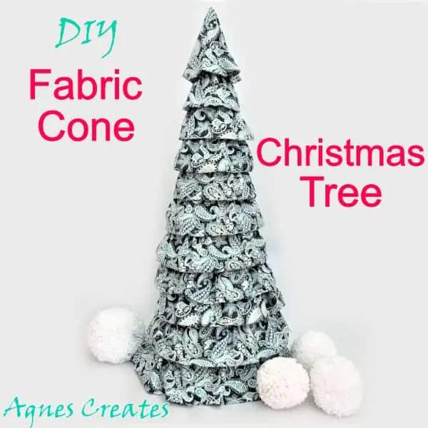 A tall cone tree covered in ruffled blue and white paisley fabric with fluffy white pom poms at the base and a title overlay