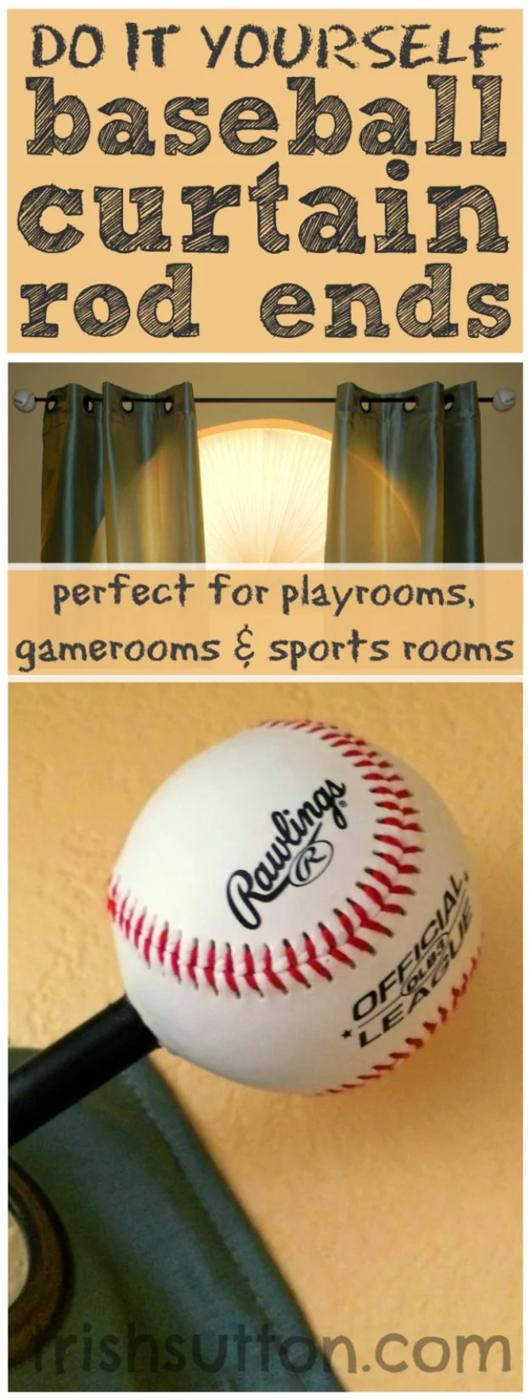 DIY Baseball Curtain Rod Ends, quick enough to finish before nap time and warmth that a plain corner was missing