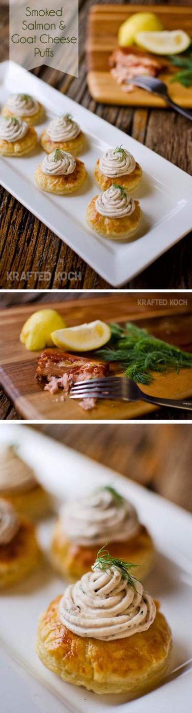 Smoked salmon and goat cheese puffs party appetizer, flaky pastry rounds piped with salmon filling and dill