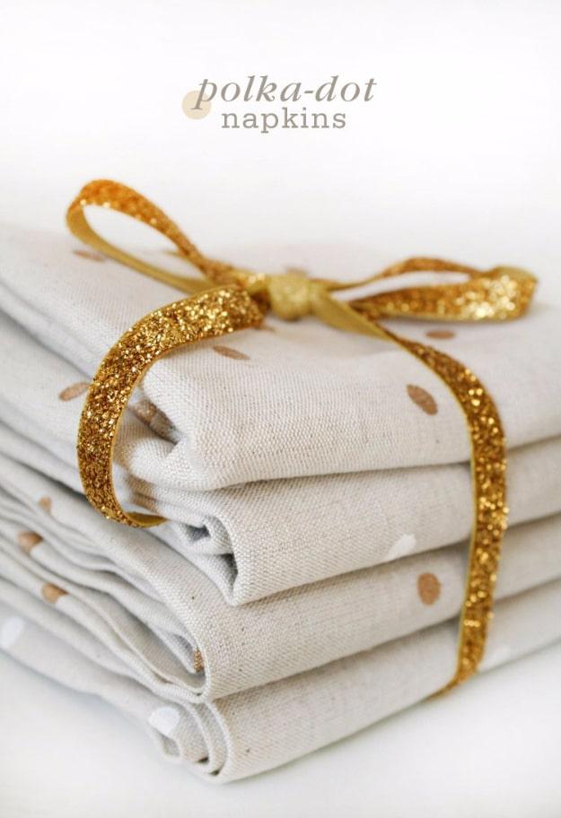 Polka dot napkins sewn as a cheerful handmade gift for a new dining table that looks far more expensive than it is