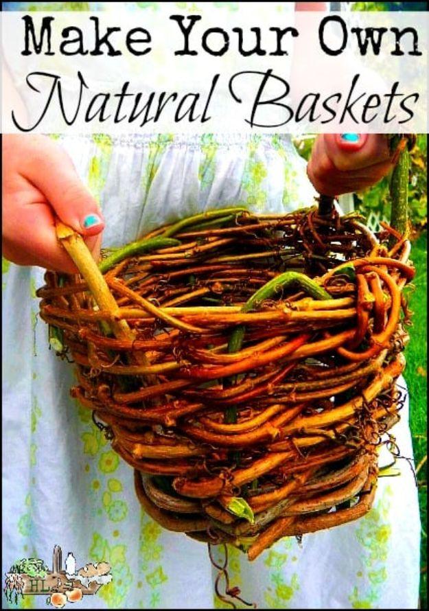 Hands holding a rough woven basket made from orange and green vines, under a typeset Make Your Own Natural Baskets title
