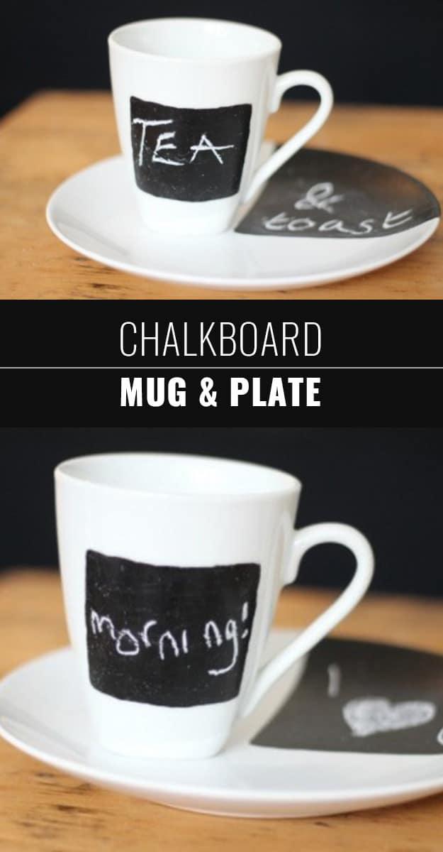Chalkboard Mug and Plate, a popular choice on this list and an easy chalkboard paint idea worth saving for later