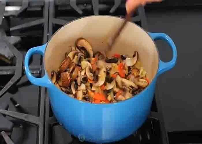 Making the filling for the chicken pot pie casserole