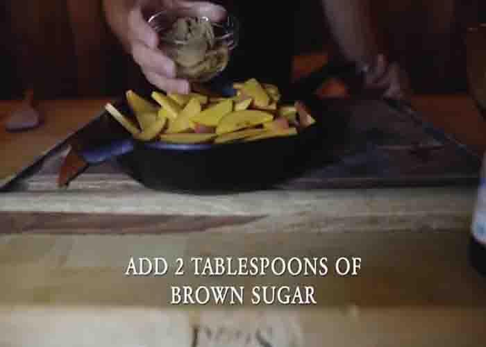 Adding the peaches in the skillet