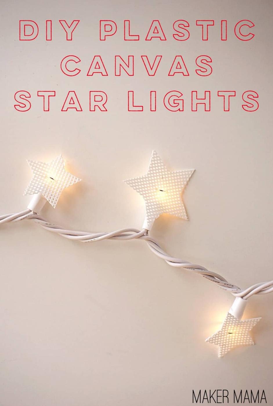 White string lights with small cut plastic canvas stars fitted over each bulb draped along a shelf edge