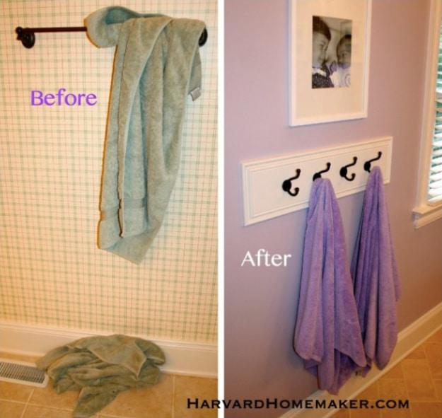 Hooks Instead Of Towel Bar, an organizing idea worth trying at home and one worth bookmarking from this list