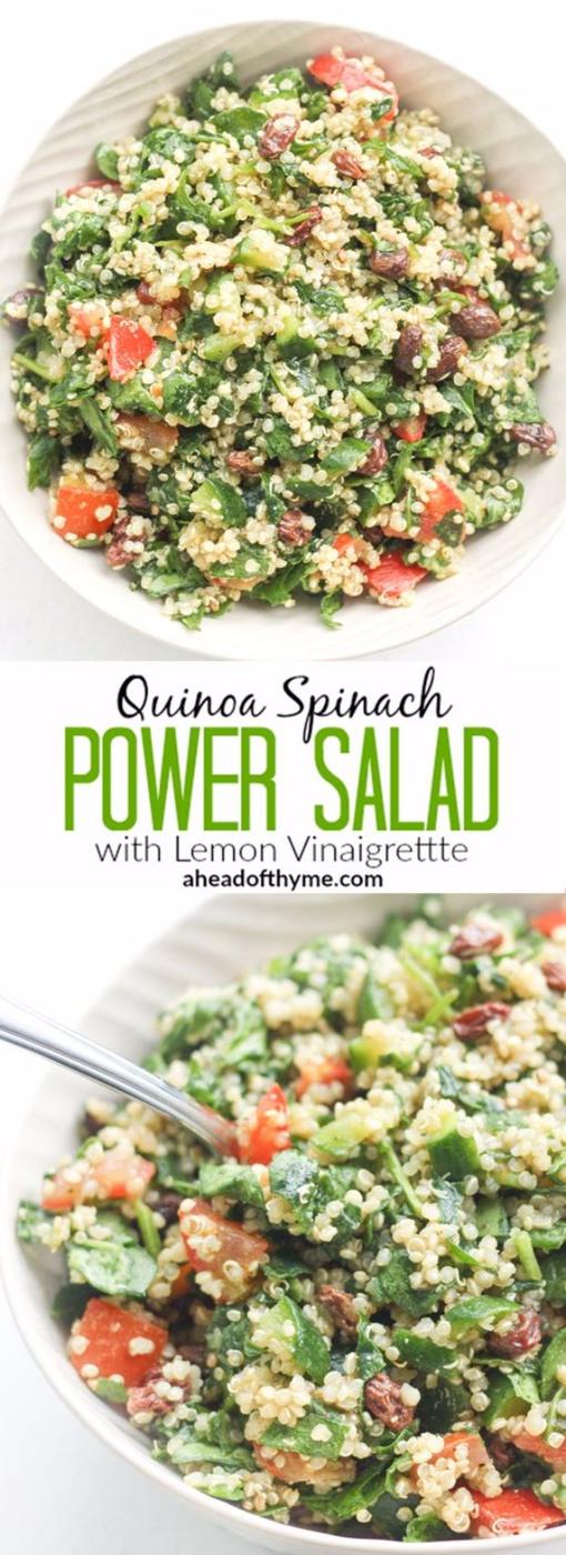 Typeset pin graphic reading Quinoa Spinach Power Salad with two bowls of quinoa and chopped vegetables