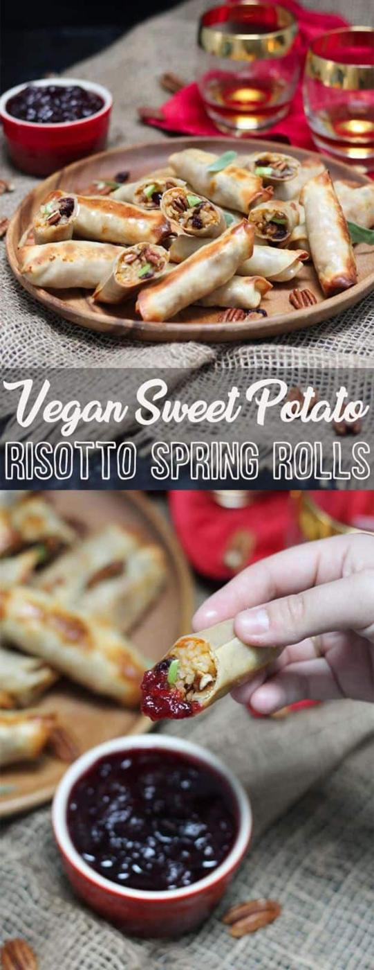 Sweet potato risotto baked spring rolls arranged on a platter with cranberry dipping sauce for the holidays