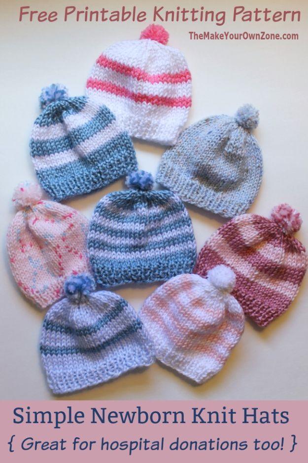 Ten small striped newborn knit hats in blue, pink and gray arranged in a circle beneath typeset title lettering