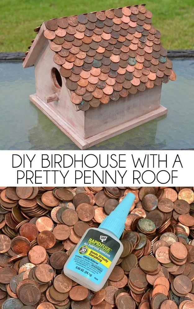 DIY Bird Houses - DIY Birdhouse With A Pretty Penny Roof - Easy Bird House Ideas for Kids and Adult To Make - Free Plans and Tutorials for Wooden, Simple, Upcyle Designs, Recycle P
